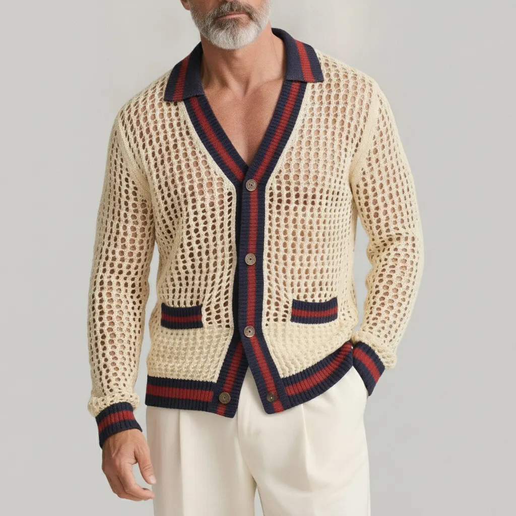 Men's Striped Trim Turndown Collar Single Breasted Hollow Out Knit Cardigan