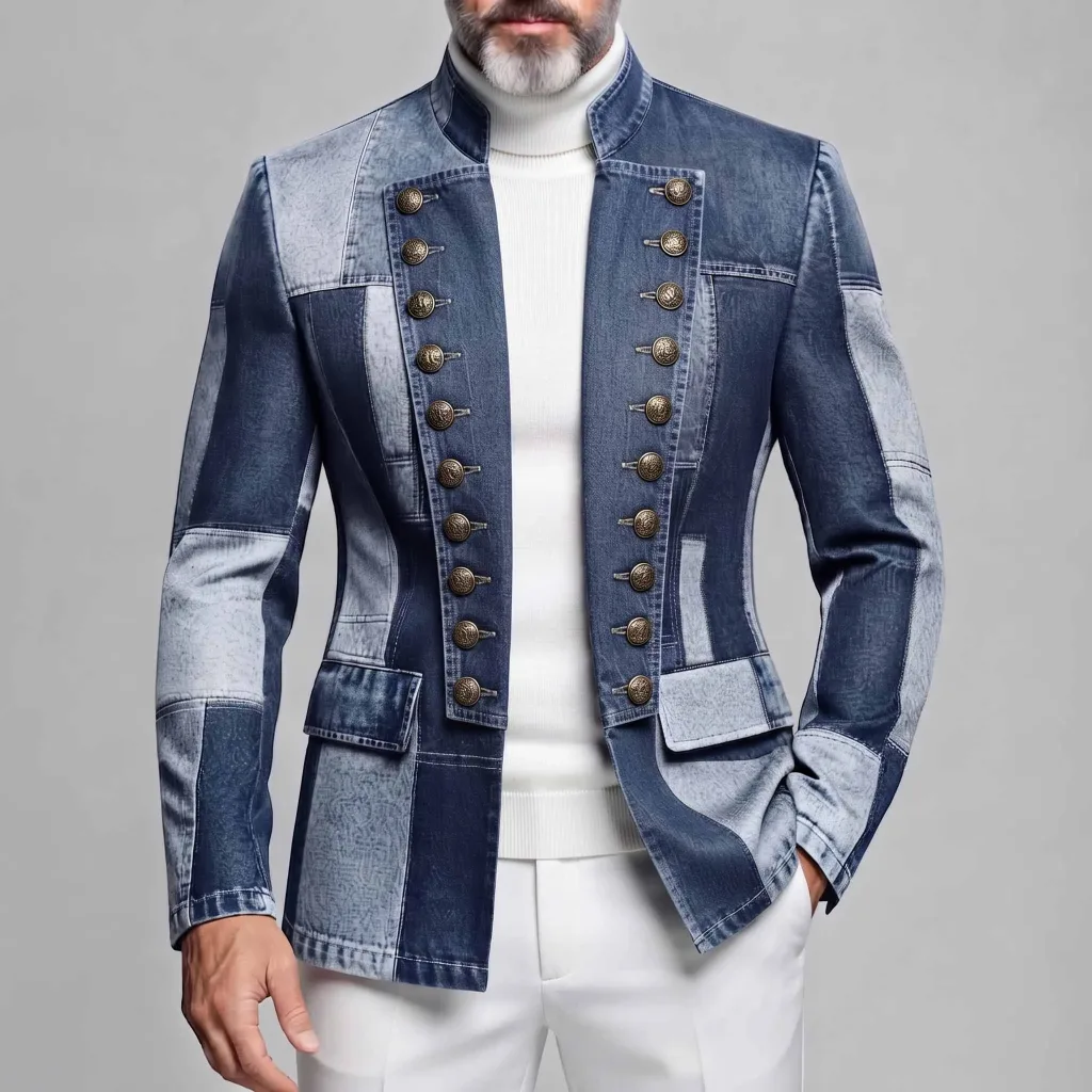 Men's Colorblock Denim-Like Print Stand Collar Double-Breasted Slim Fit Vintage Jacket