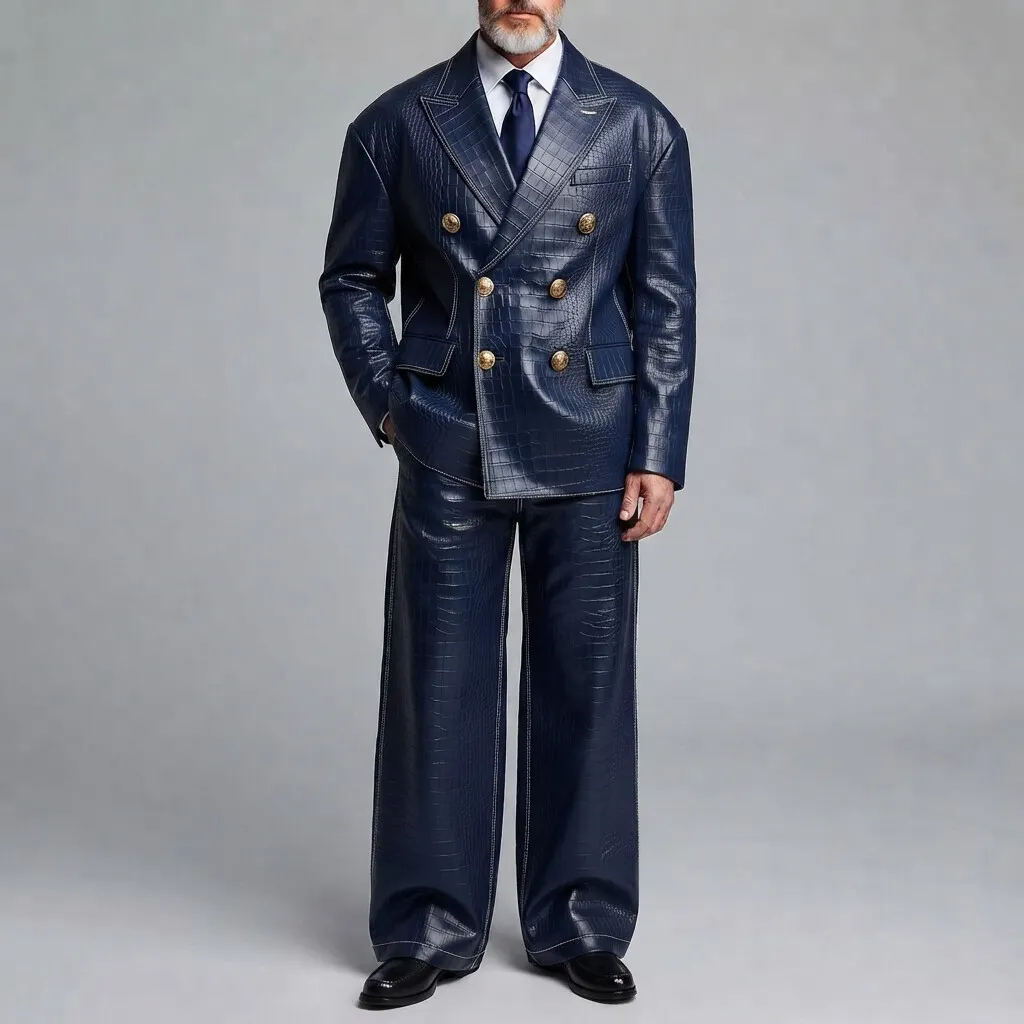 Men's Navy Blue PU Leather Peak Lapel Double-Breasted Drop Shoulder Blazer & Pants Loose Fit 2Pcs Suit