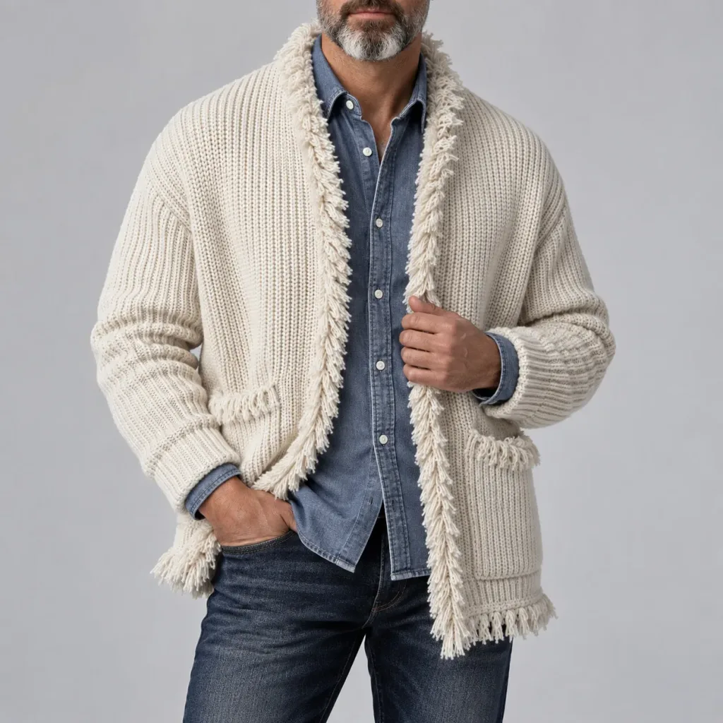 Men's Elegant Beige Fringed Trim Patch Pocket Open Front Chunky Knit Cardigan