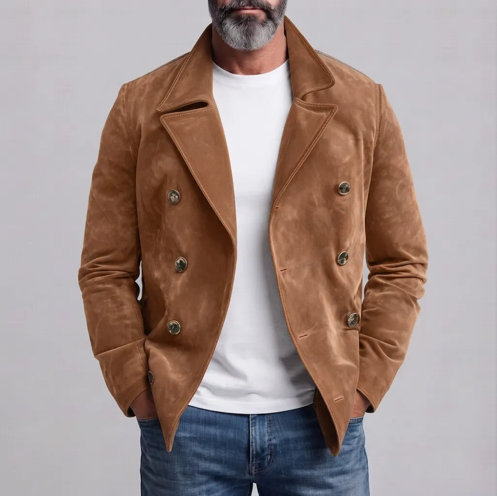 Men's Retro Suede Plain Notched Lapel Double-Breasted Jacket