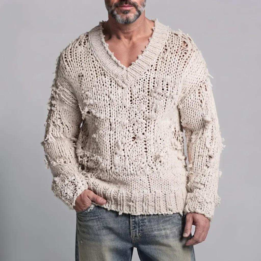Men's Beige Distressed V Neck Frayed Edge Hollow Out Chunky Knit Pullover Sweater