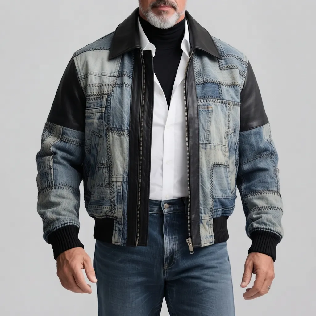Men's Vintage Colorblock PU Leather Patchwork Turndown Collar Colorblock Zipper Bomber Jacket