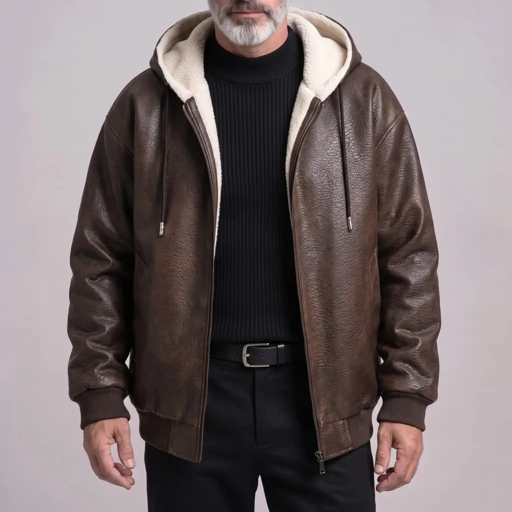 Men's Retro Brown Slant Pocket Zipper Sherpa Lined Hooded PU Leather Jacket
