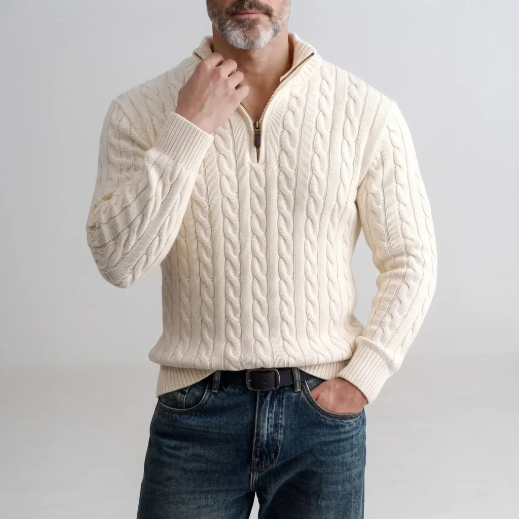Men's Casual Solid Color Stand Collar Half Zip Twisted Texture Slim Fit Cable Knit Sweater