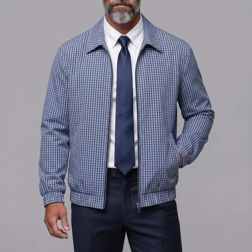 Men's Classic Plaid Print Slant Pocket Slim Fit Zip-Up Jacket