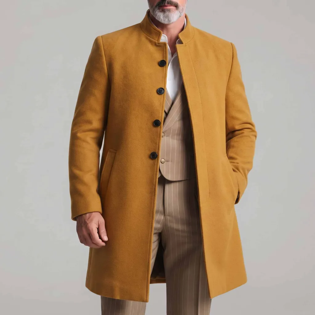 Men's Ginger Yellow Stand Collar Single Breasted Slant Pockets Plain Woolen Coat