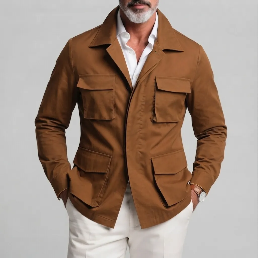 Men's Vintage Camel Camp Collar Multi-Pocket Single Breasted Jacket
