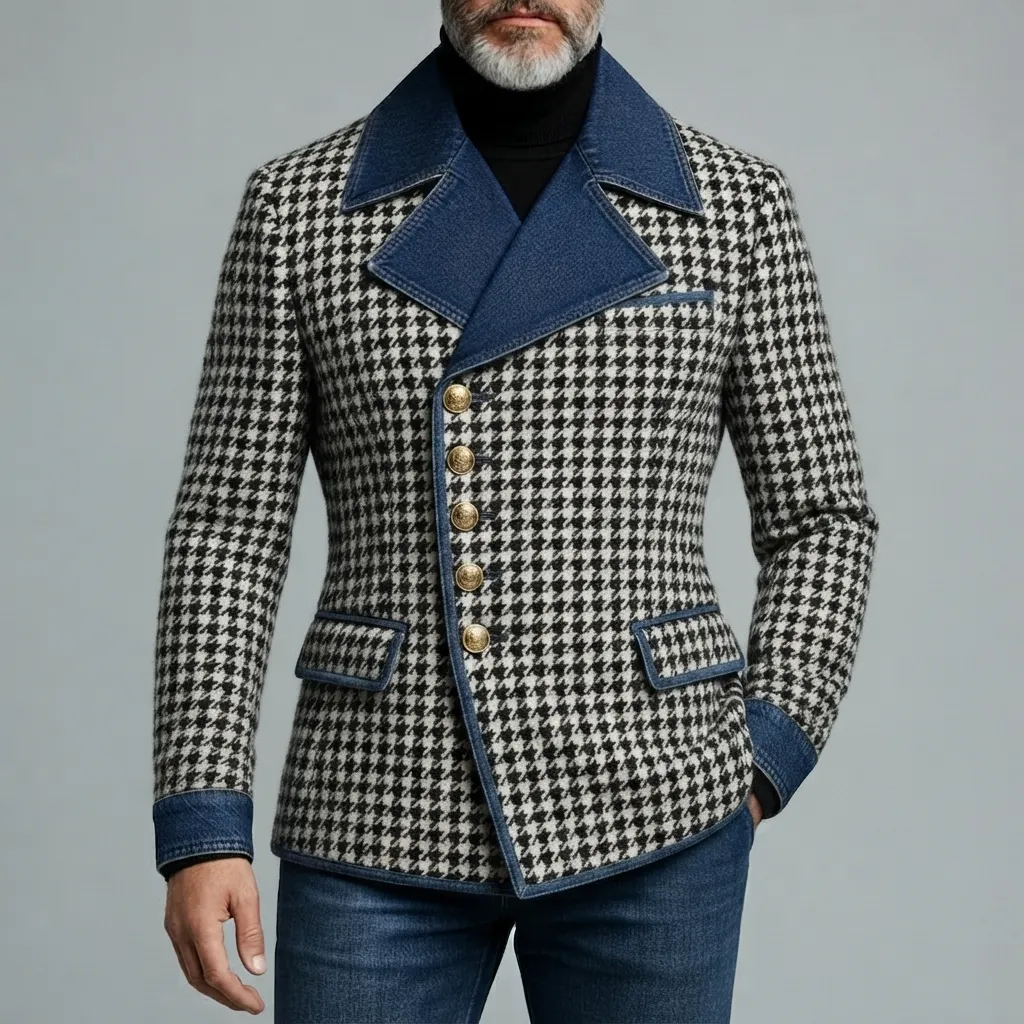 Men's Vintage Houndstooth Pattern Spliced Denim Trim Lapel Collar Single Breasted Jacket
