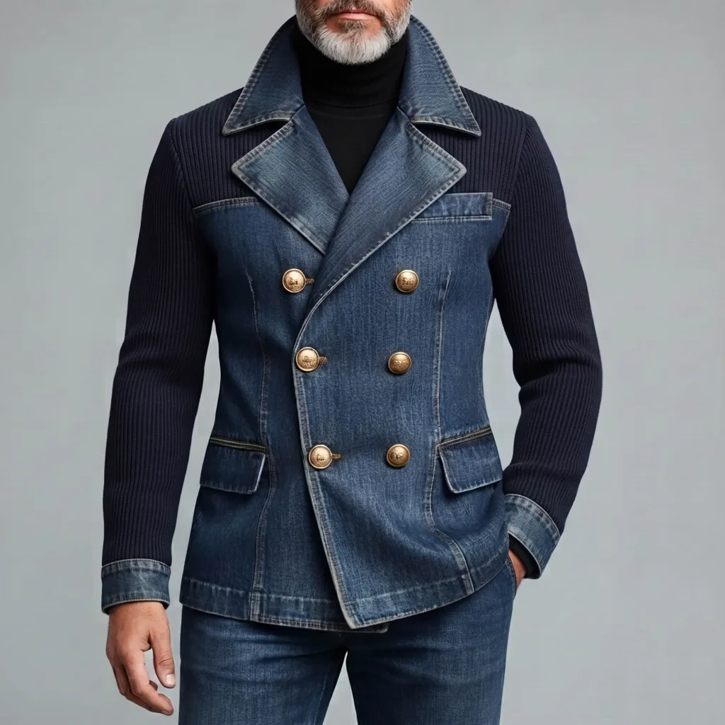 Men's Navy Blue Denim Patchwork Ribbed Long Sleeve Notch Lapel Double-Breasted Blazer