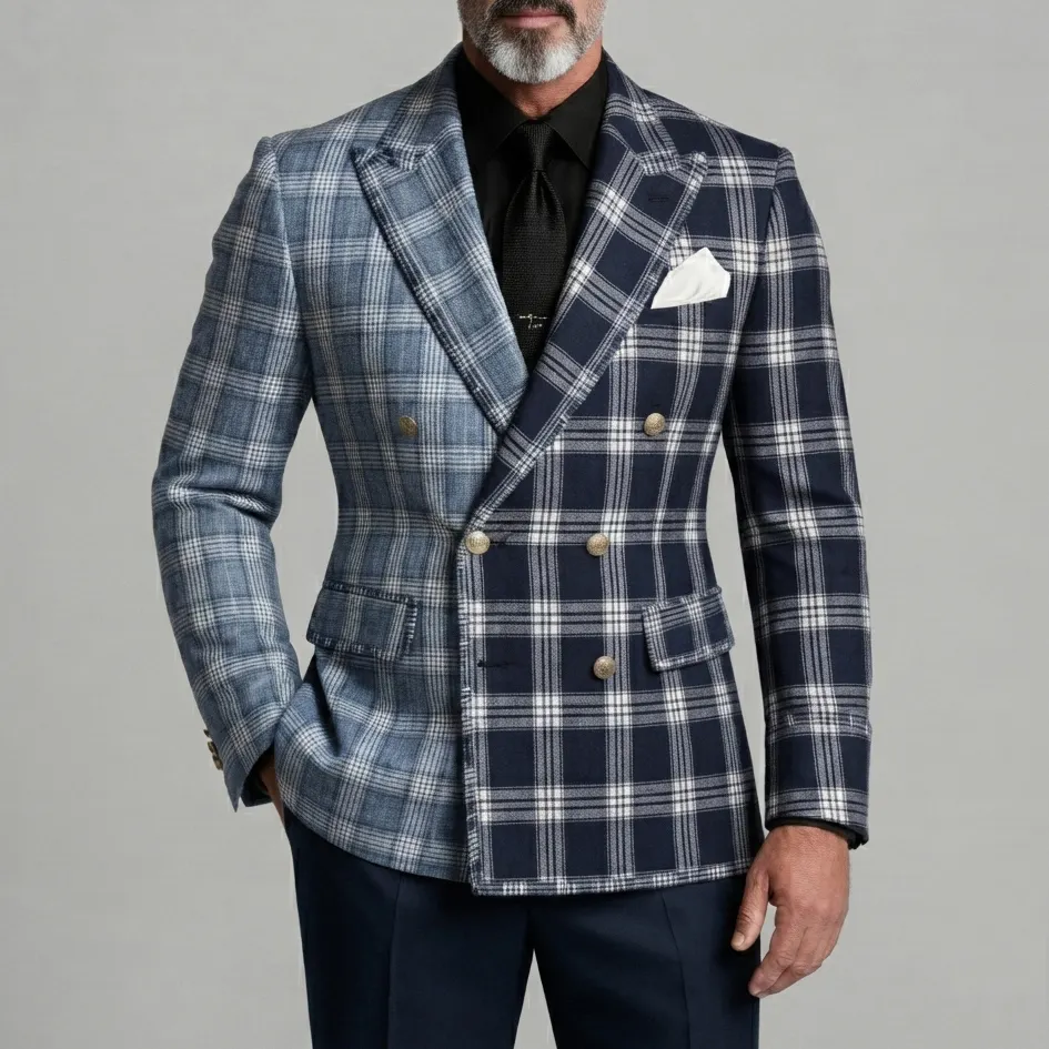 Men's Vintage Color Block Plaid Print Peak Lapel Double-Breasted Slim Fit Blazer