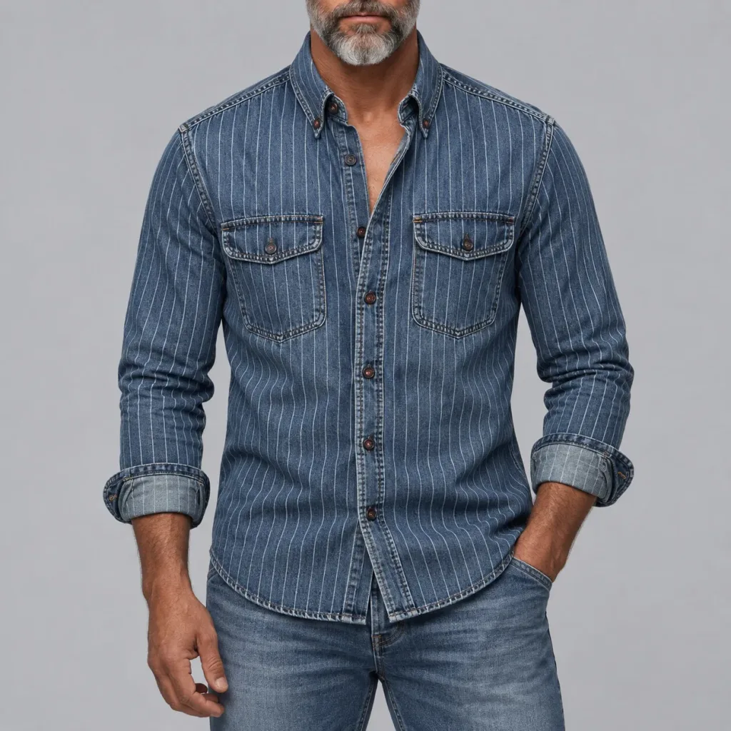 Men's Retro Denim Pinstripe Print Flap Pockets Button-Down Long Sleeve Shirt
