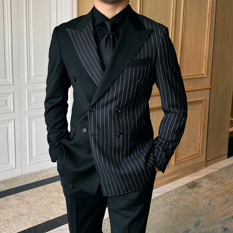 Men's Business Stripe Patchwork Double Breasted Blazer