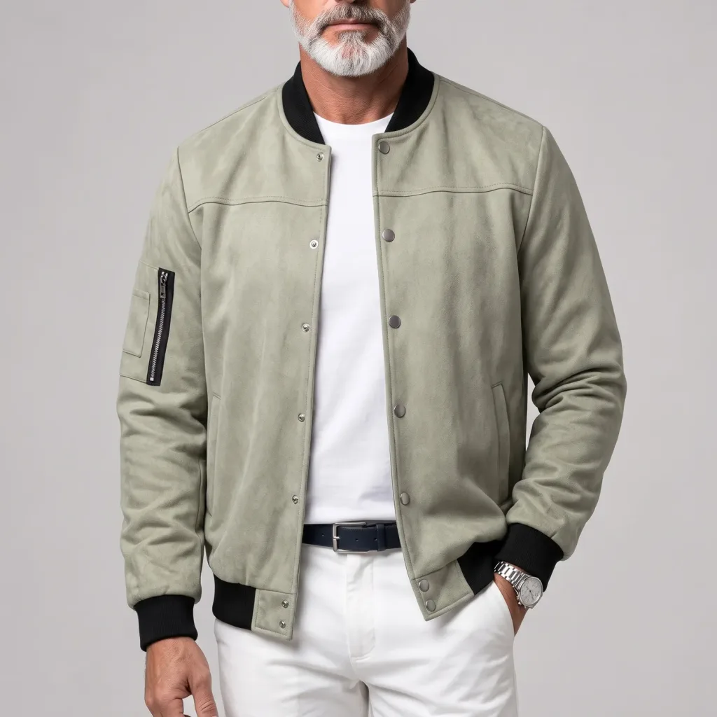 Men's Suede Stand Collar Zipper Pocket Snap Button Casual Bomber Jacket