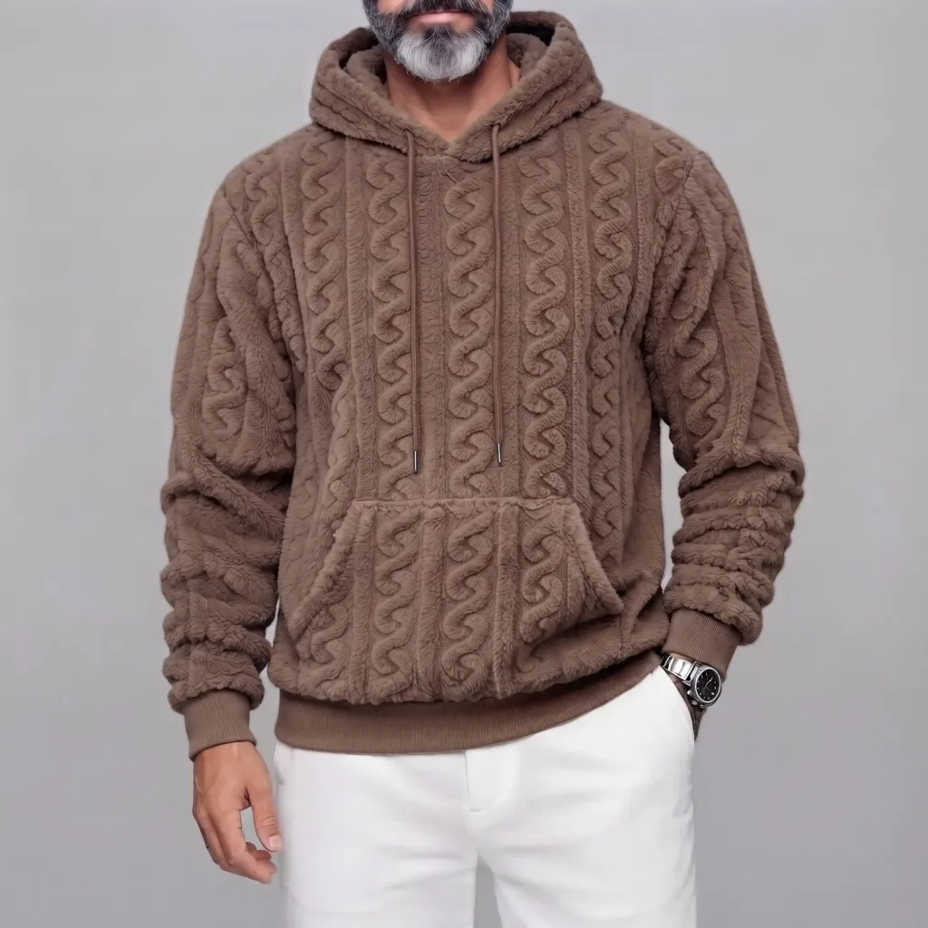 Men's Casual Brown Twisted Pattern Pocket Drawstring Fluffy Pullover Hoodie