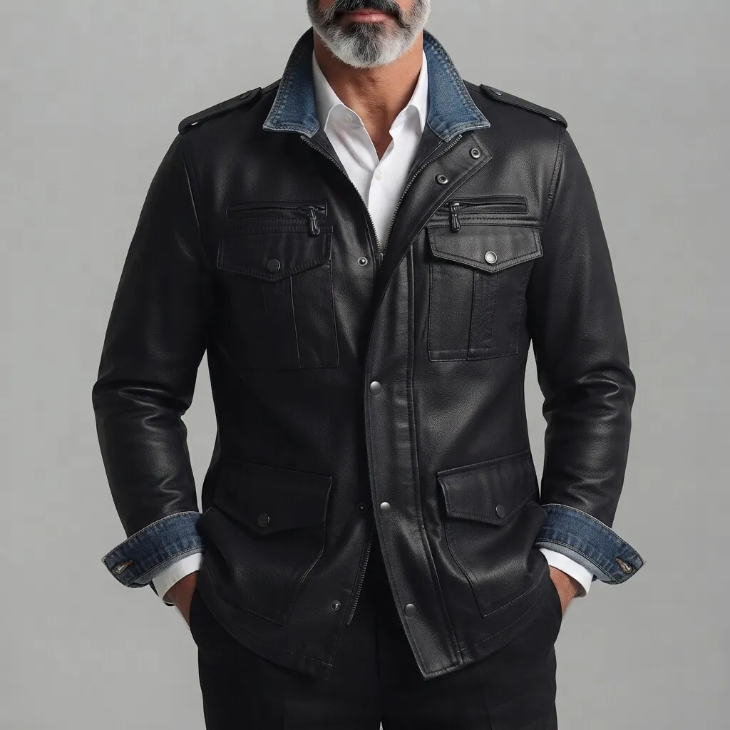 Men's Vintage Black PU Leather Contrast Trim Snap Button Zipper Multi-Pocket Jacket