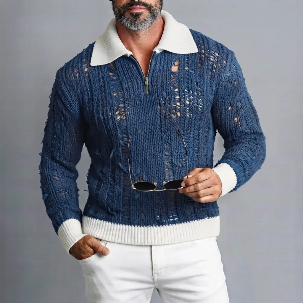 Men's Blue Contrast Trim Half-Zip Distressed Hollow Out Knitted Pullover Sweater