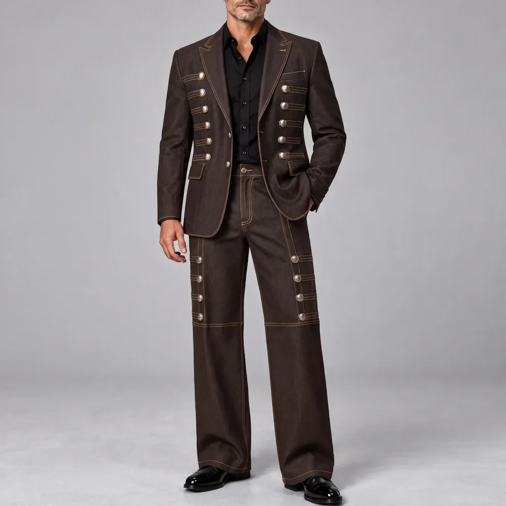 Men's Dark Brown Contrast Stitching Double-Breasted Blazer & Pants Vintage Hussar Style 2Pcs Suit