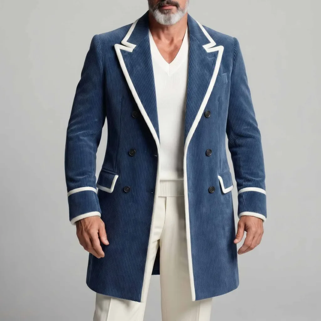 Men's Chic Blue Corduroy Peak Lapel Contrast Binding Double-Breasted Trench Coat