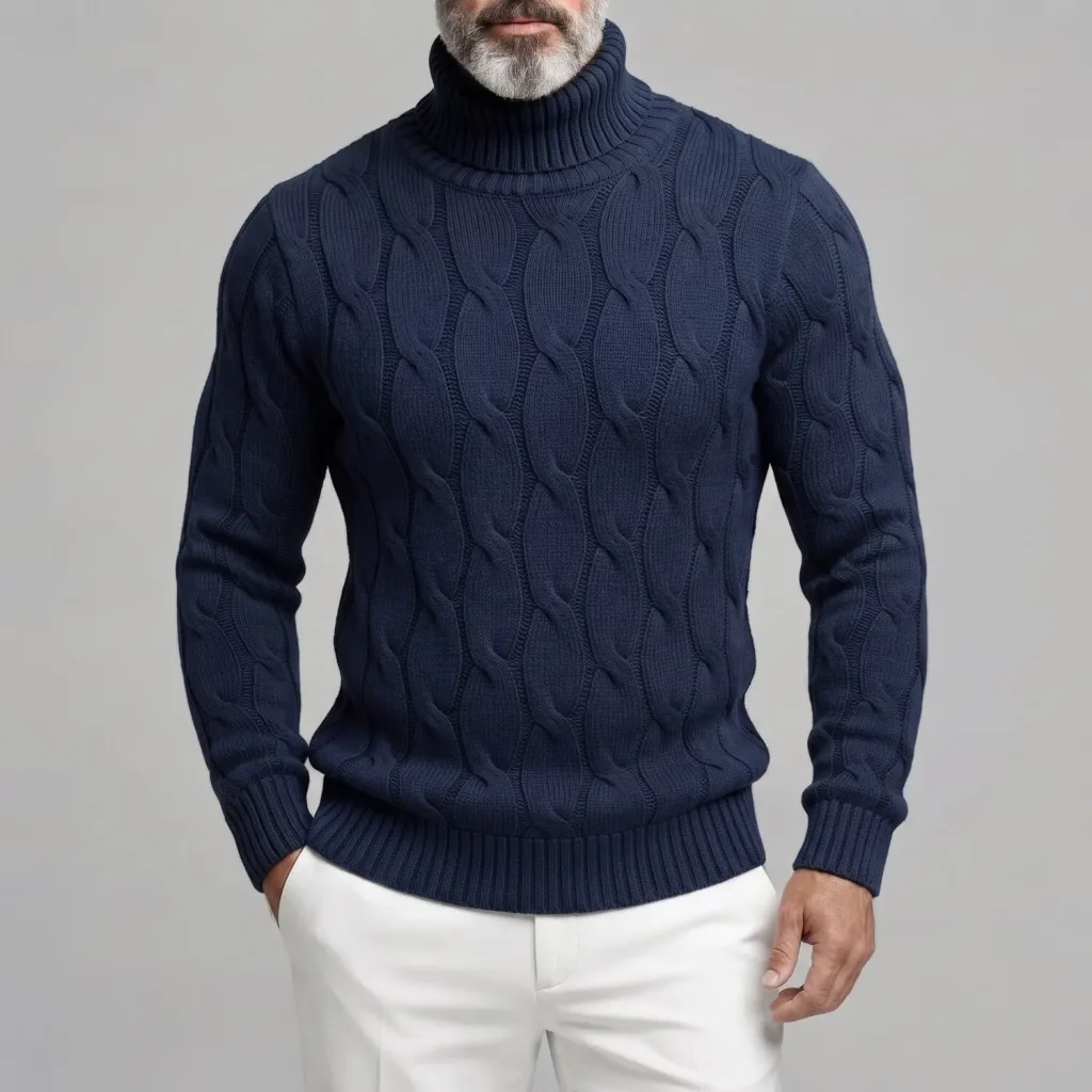 Men's Navy Blue Ribbed Turtleneck Long Sleeve Cable Knit Slim Fit Pullover Sweater