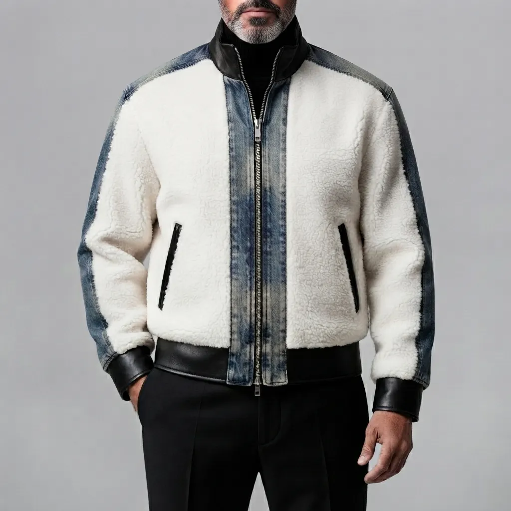 Men's White Sherpa Patchwork Stand Collar Slant Pocket Zipper Jacket