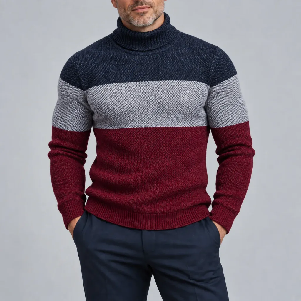 Men's Casual Colorblock Turtleneck Knitted Slim Fit Pullover Sweater