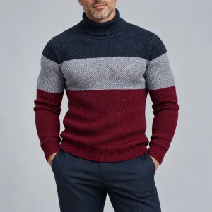 Men's Casual Colorblock Turtleneck Knitted Slim Fit Pullover Sweater