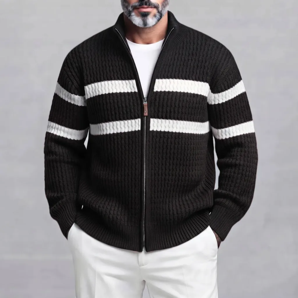 Men's Casual Contrast Striped Stand Collar Loose Fit Zipper Cable Knitted Cardigan