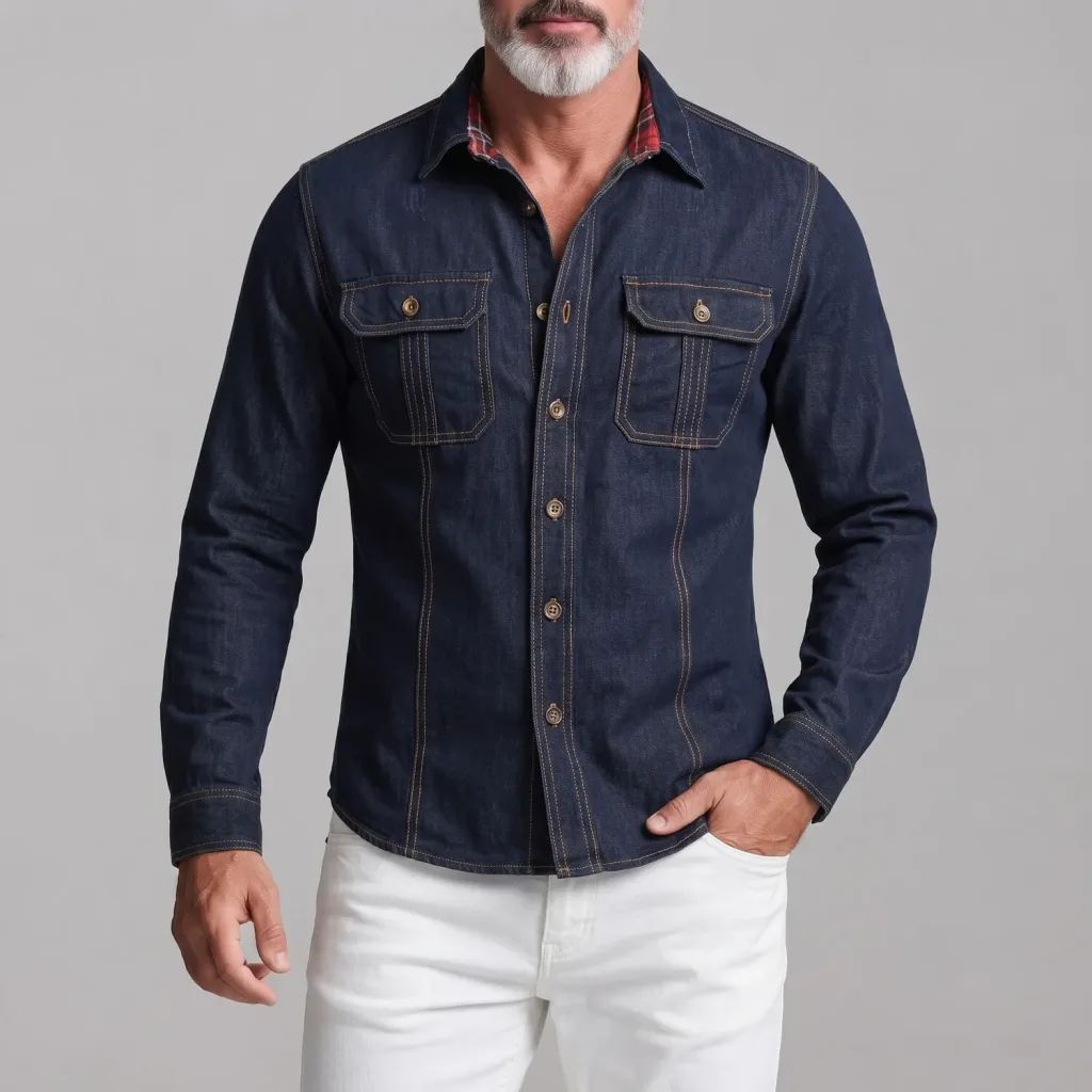 Men's Navy Blue Denim Chest Flap Pockets Button-up Long Sleeve Shirt