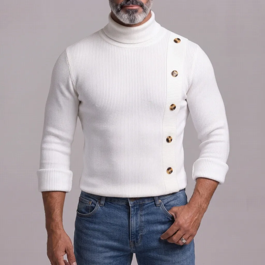 Men's White Ribbed Knitted Turtleneck Asymmetric Button Slim-Fit Long Sleeve T-Shirt