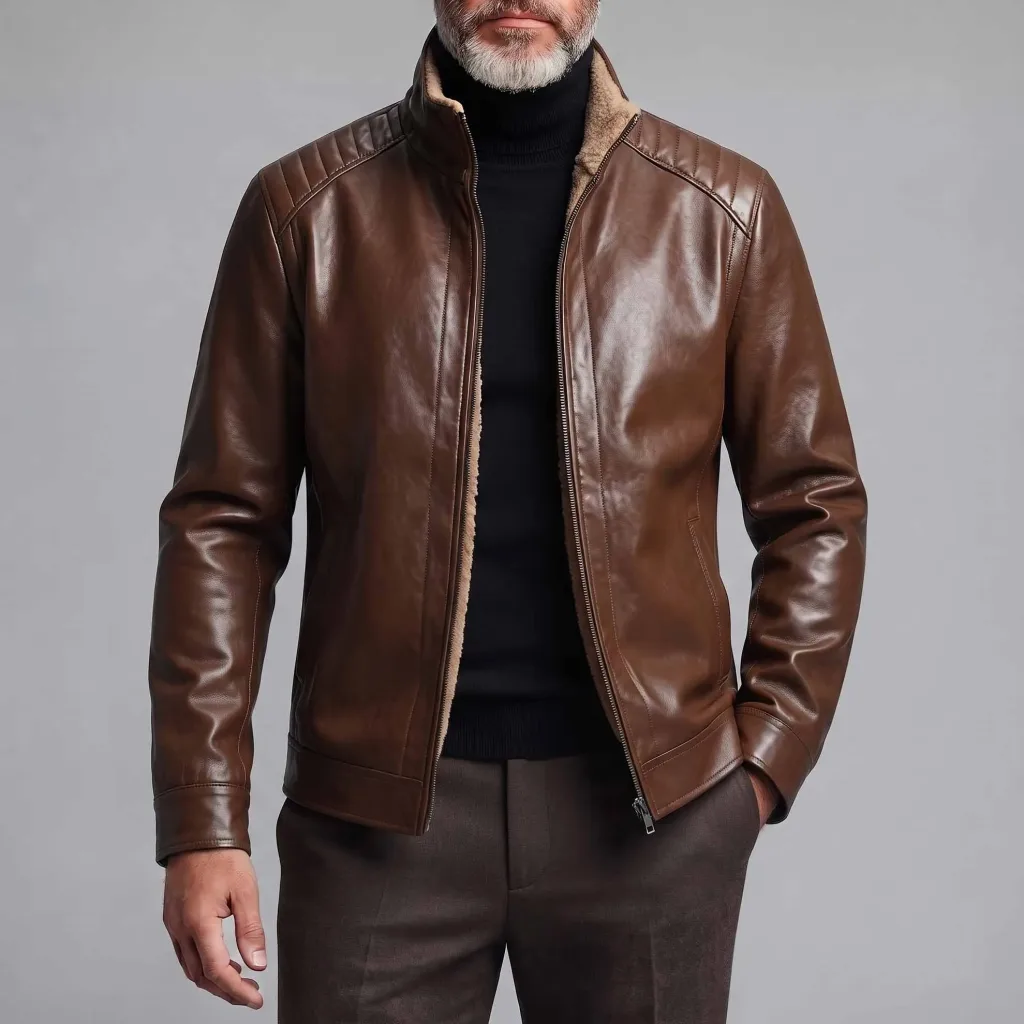 Men's Classic Brown Stand Collar Zipper Fleece-Lined Solid Color PU Leather Jacket