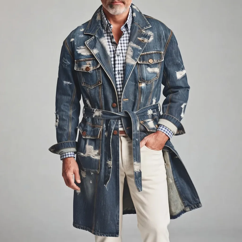 Men's Vintage Blue Washed Denim Ripped Multi-Pocket Single-Breasted Belted Trench Coat