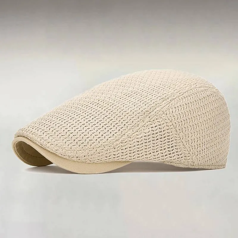 Men's Khaki Mesh Breathable Weave Casual Outdoor Metal Snap Adjustable Flat Cap