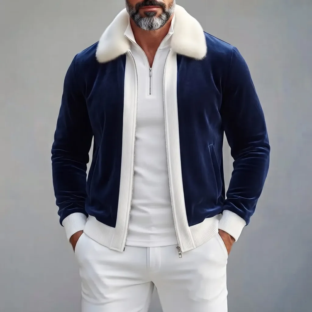 Men's Vintage Navy Blue Velvet Contrast Fuzzy Collar Slant Pocket Zipper Bomber Jacket