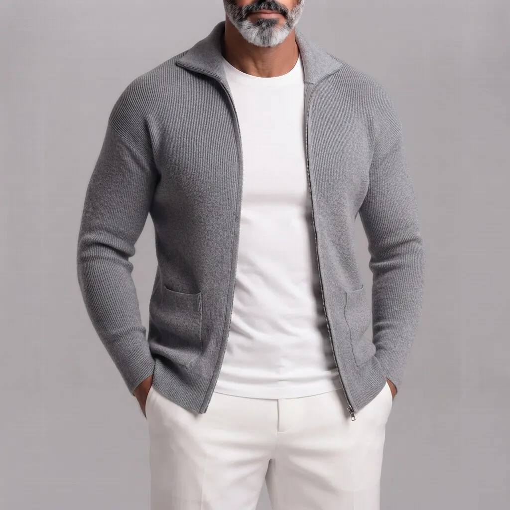 Men's Gray Ribbed Knit Patch Pockets Slim Fit Full Zip Cardigan