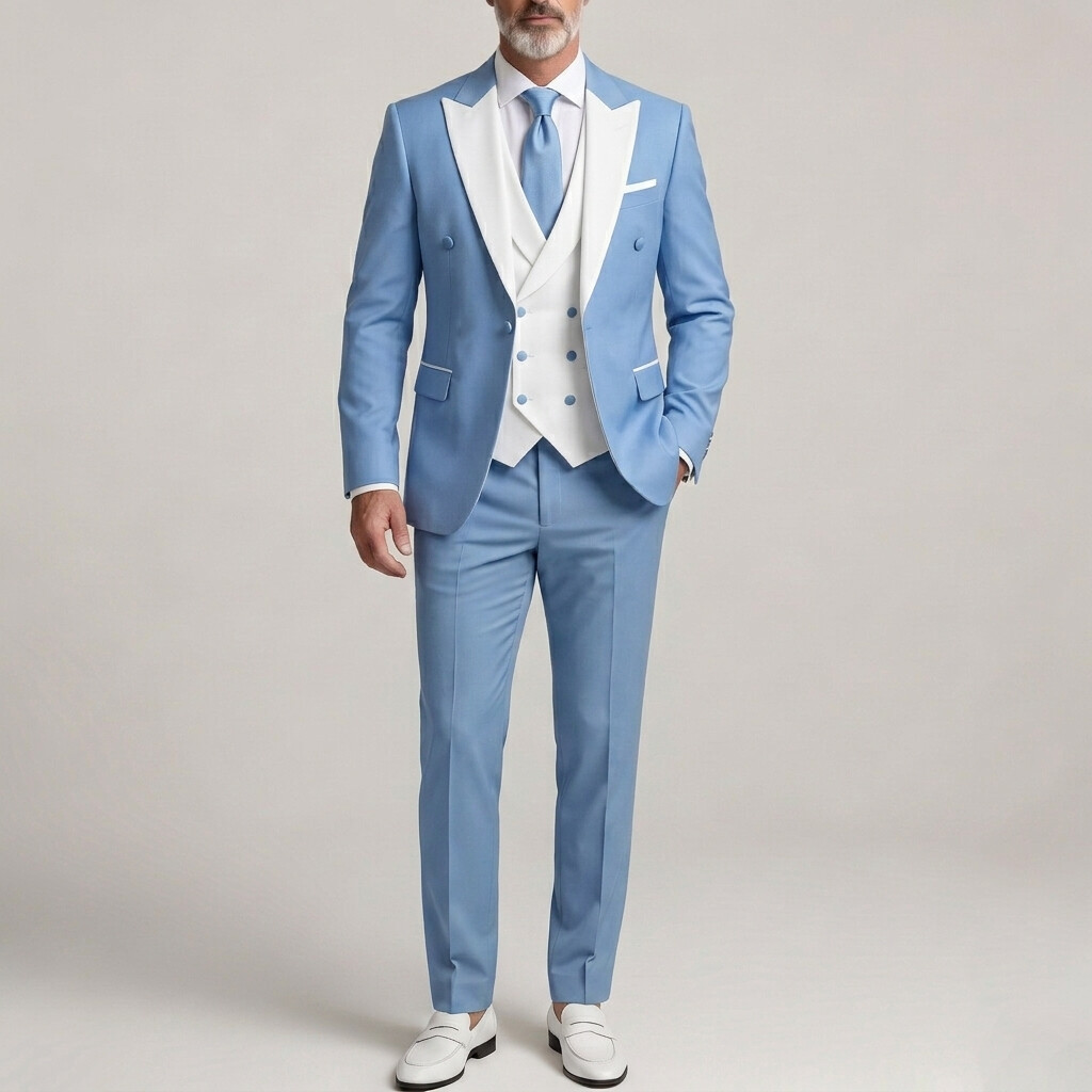 Men's Formal Contrast Peak Lapel Blazer & Double-Breasted Vest & Tapered Pants 3Pcs Suit