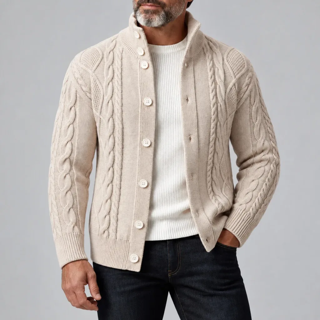Men's Classic Beige Cable Knit Stand Collar Single Breasted Sweater Cardigan