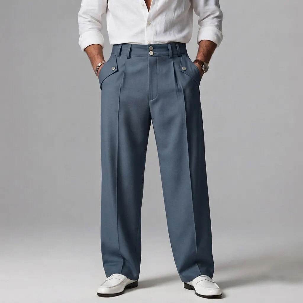 Men's Business Casual High Waist Double Button Pleated Flap Pocket Wide Leg Pants