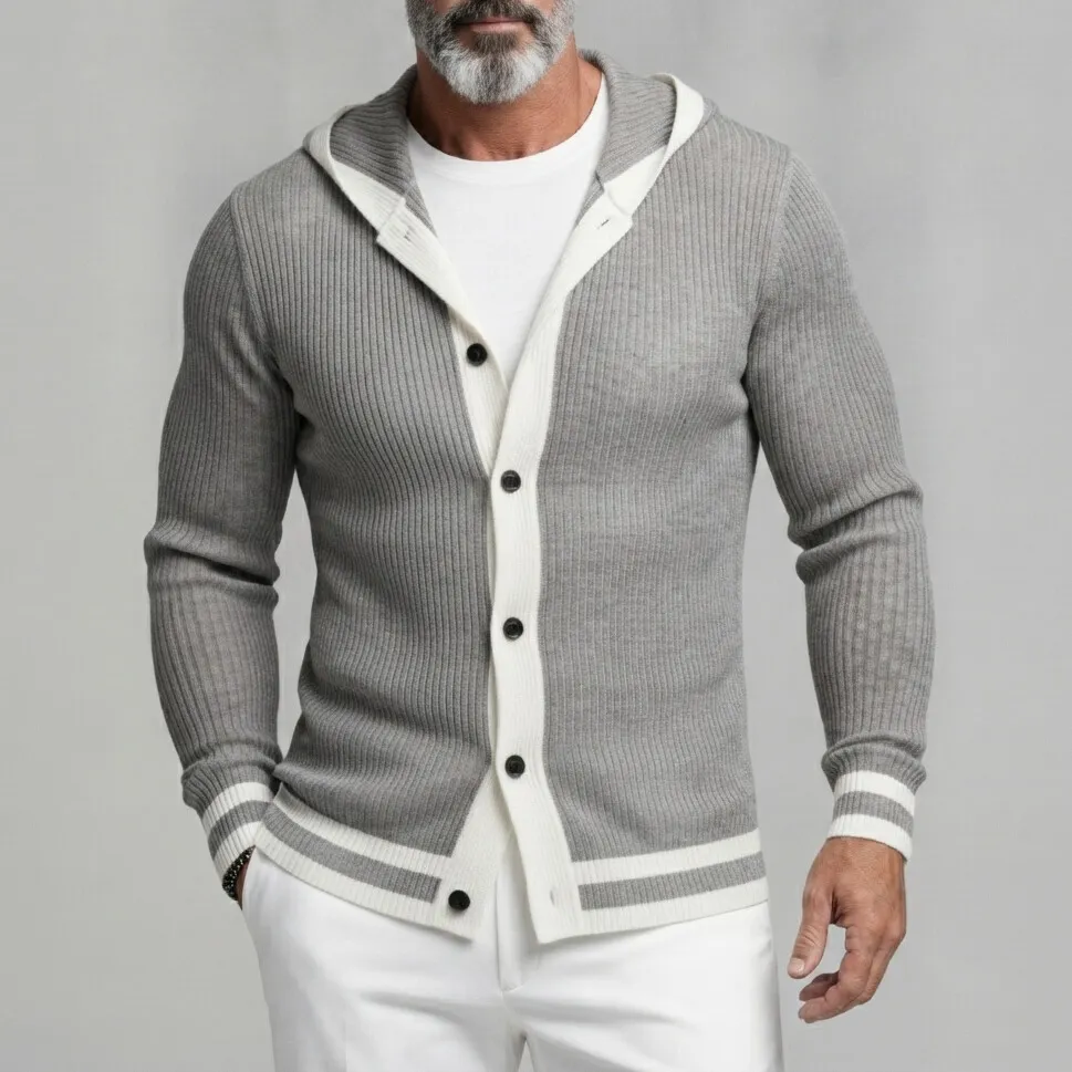 Men's Gray Ribbed Knit Contrast Binding Single Breasted Hooded Cardigan