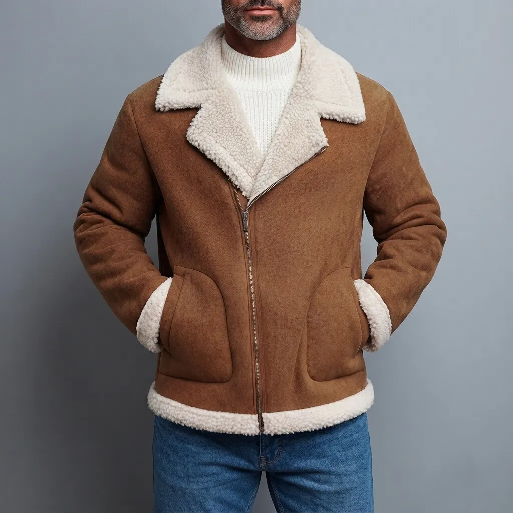 Men's Brown Suede Sherpa Lined Lapel Collar Slant Pockets Asymmetric Zipper Jacket