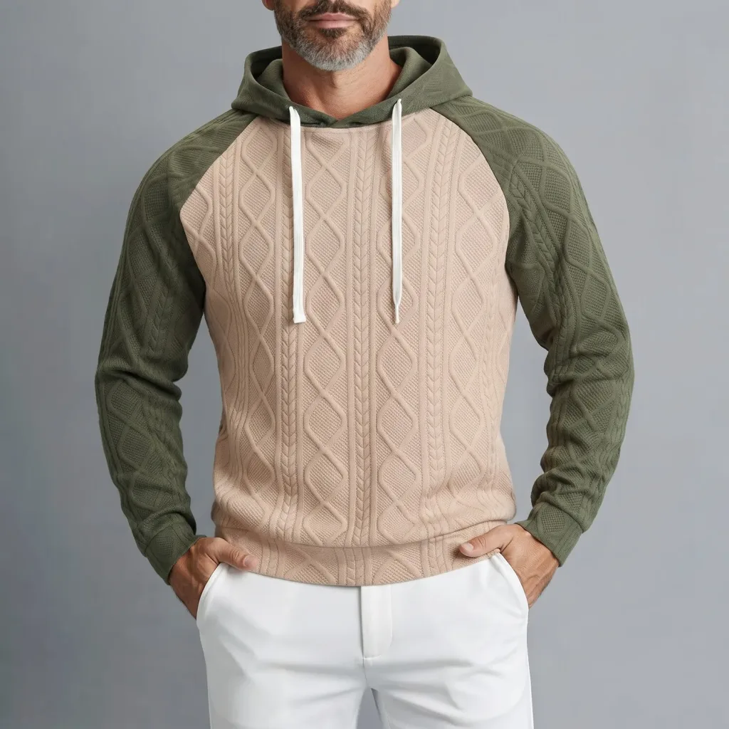 Men's Colorblock Cable Knit Geometric Texture Raglan Sleeve Pullover Hoodie