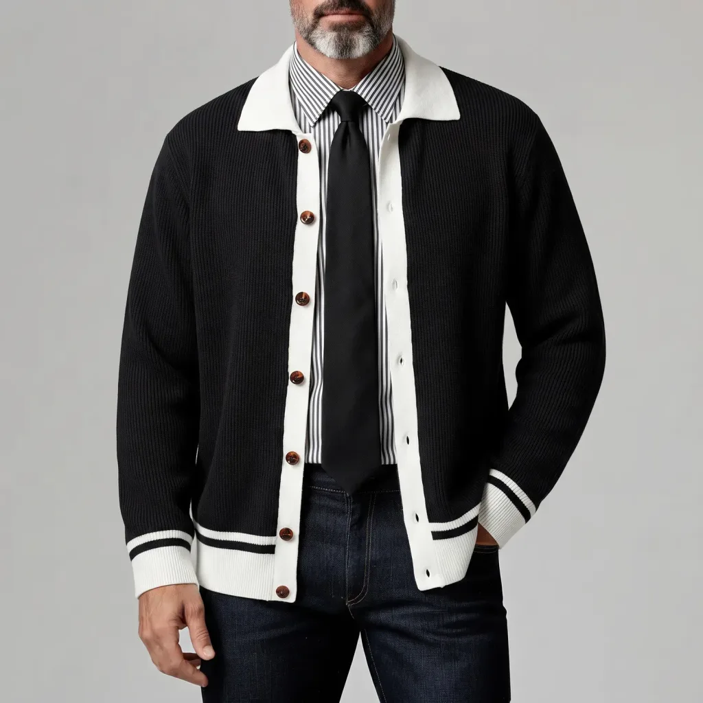 Men's Black Colorblock Single Breasted Ribbed Knitted Sweater Cardigan