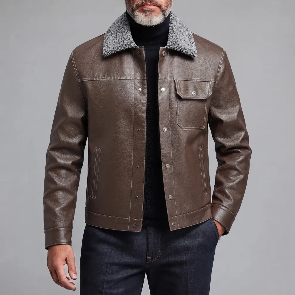 Men's Coffee Multi-Pocket Single Breasted Sherpa-Lined Slim Fit PU Leather Jacket