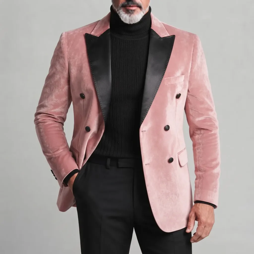 Men's Formal Pink Velvet Contrast Peak Lapel Double-Breasted Slim Fit Blazer