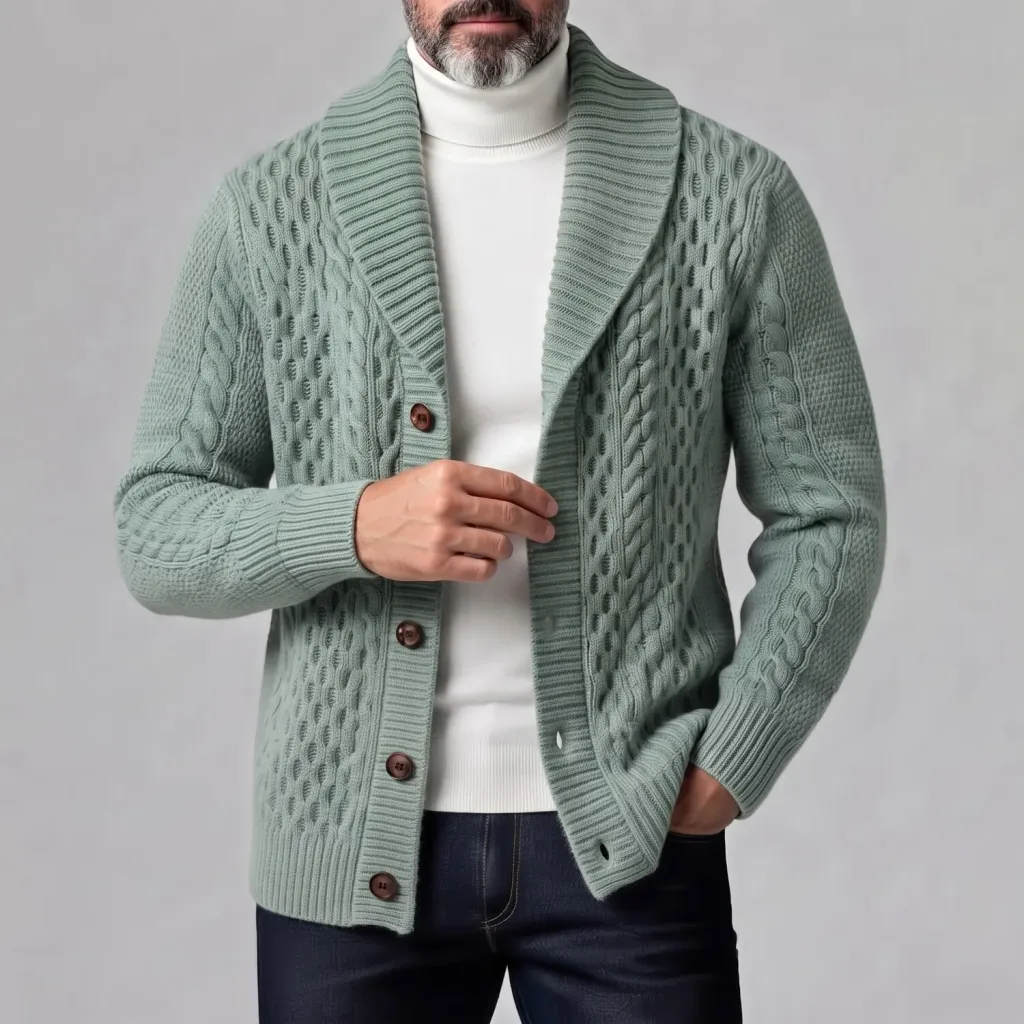 Men's Casual Sage Green Shawl Lapel Button-Up Cable Knit Sweater Cardigan