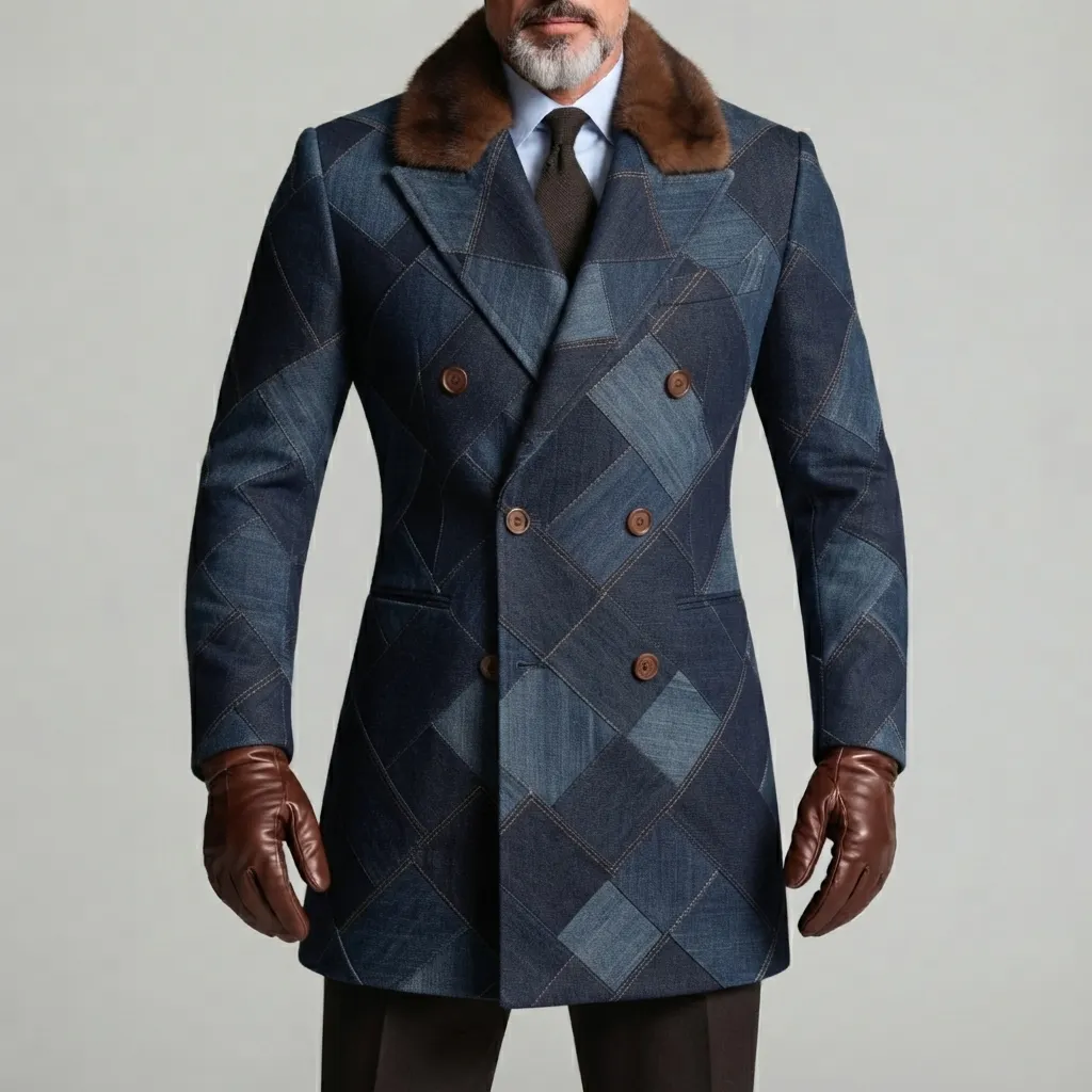 Men's Dark Blue Colorblock Plaid Pattern Fuzzy Collar Double Breasted Trench Coat