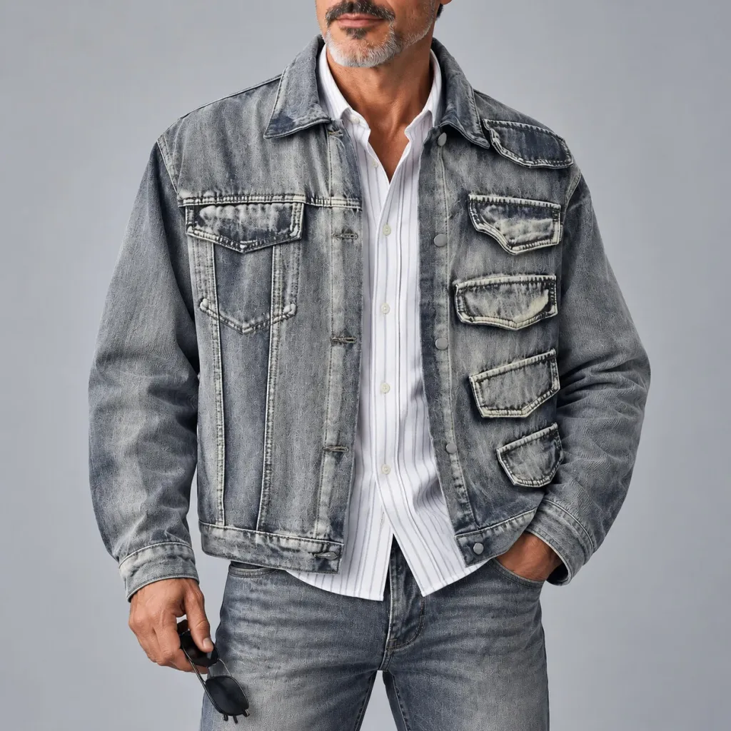 Men's Retro Blue Washed Denim Flap Pocket Single Breasted Distressed Long Sleeve Jacket