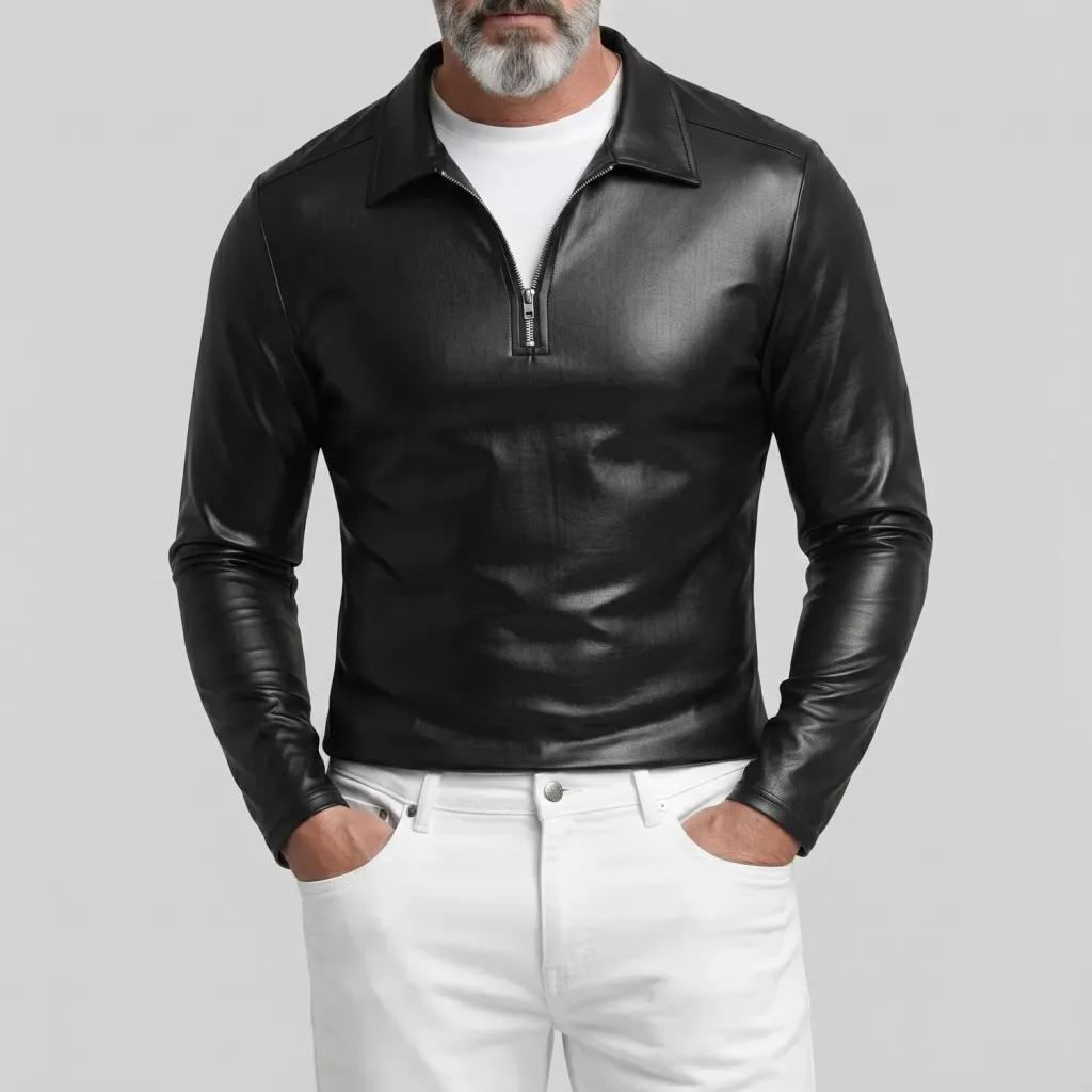 Men's Black PU Leather Quarter Zip Turndown Collar Slim Fit Long Sleeved Polo Shirt