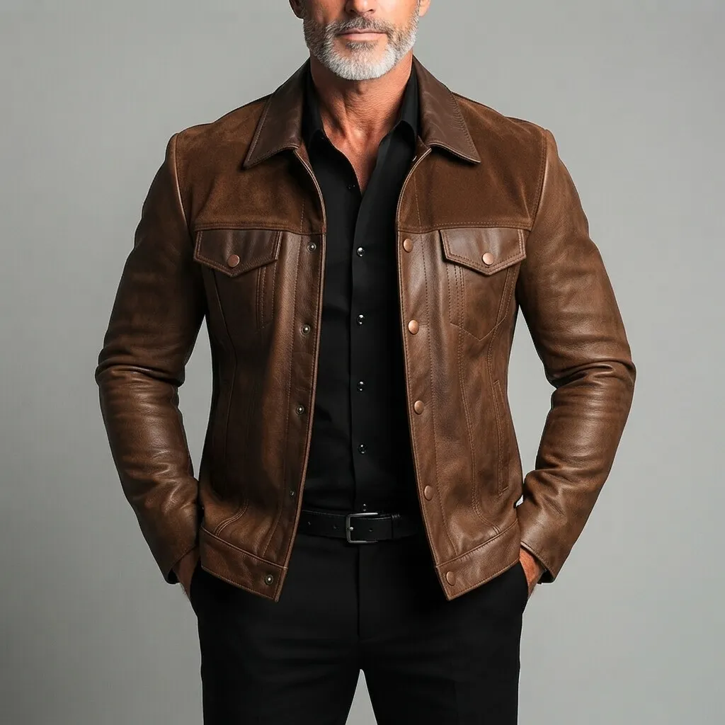 Men's Dark Brown PU Leather Suede Patchwork Chest Pocket Snap Button Jacket