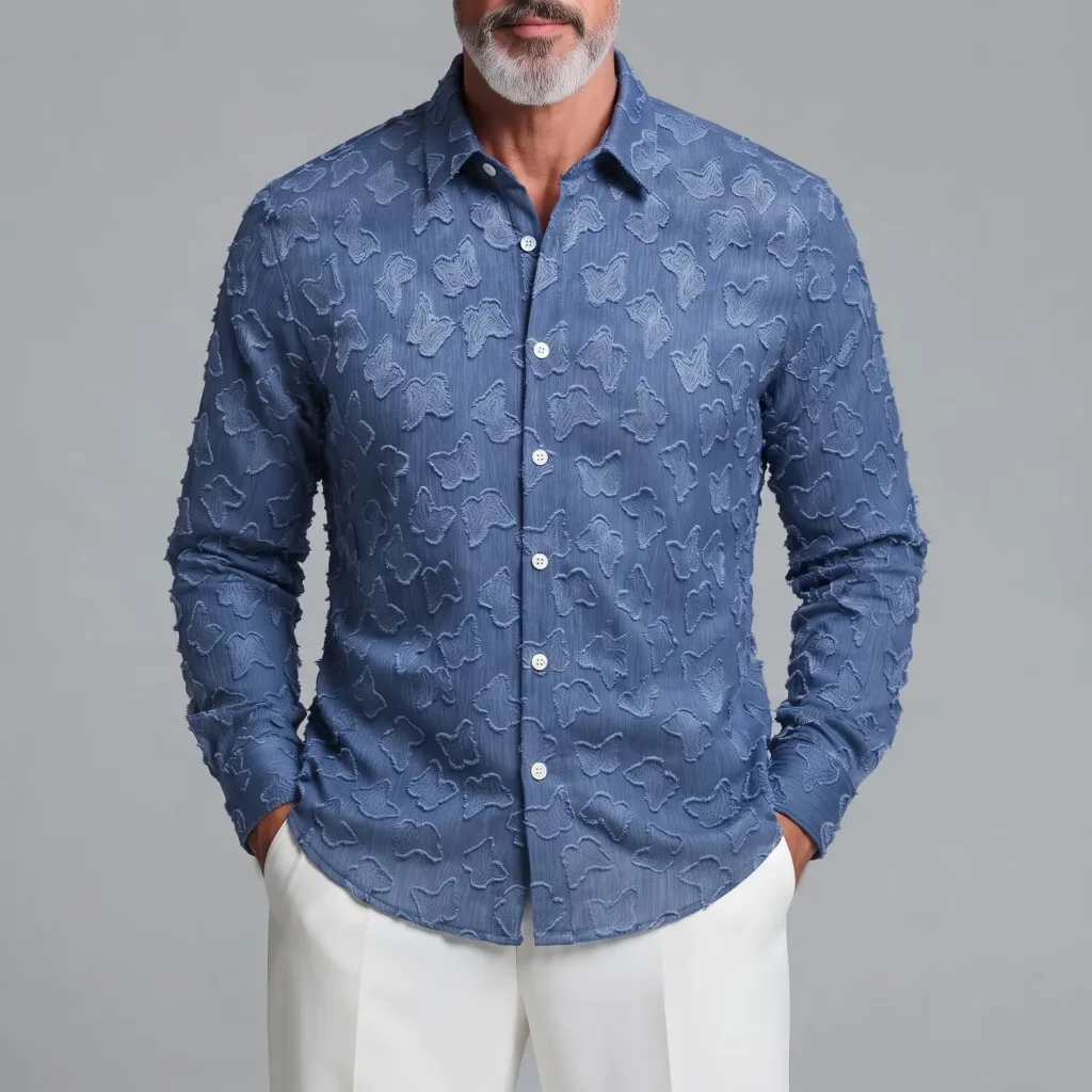 Men's Stylish Butterfly Jacquard Single Breasted Slim Fit Long Sleeve Shirt